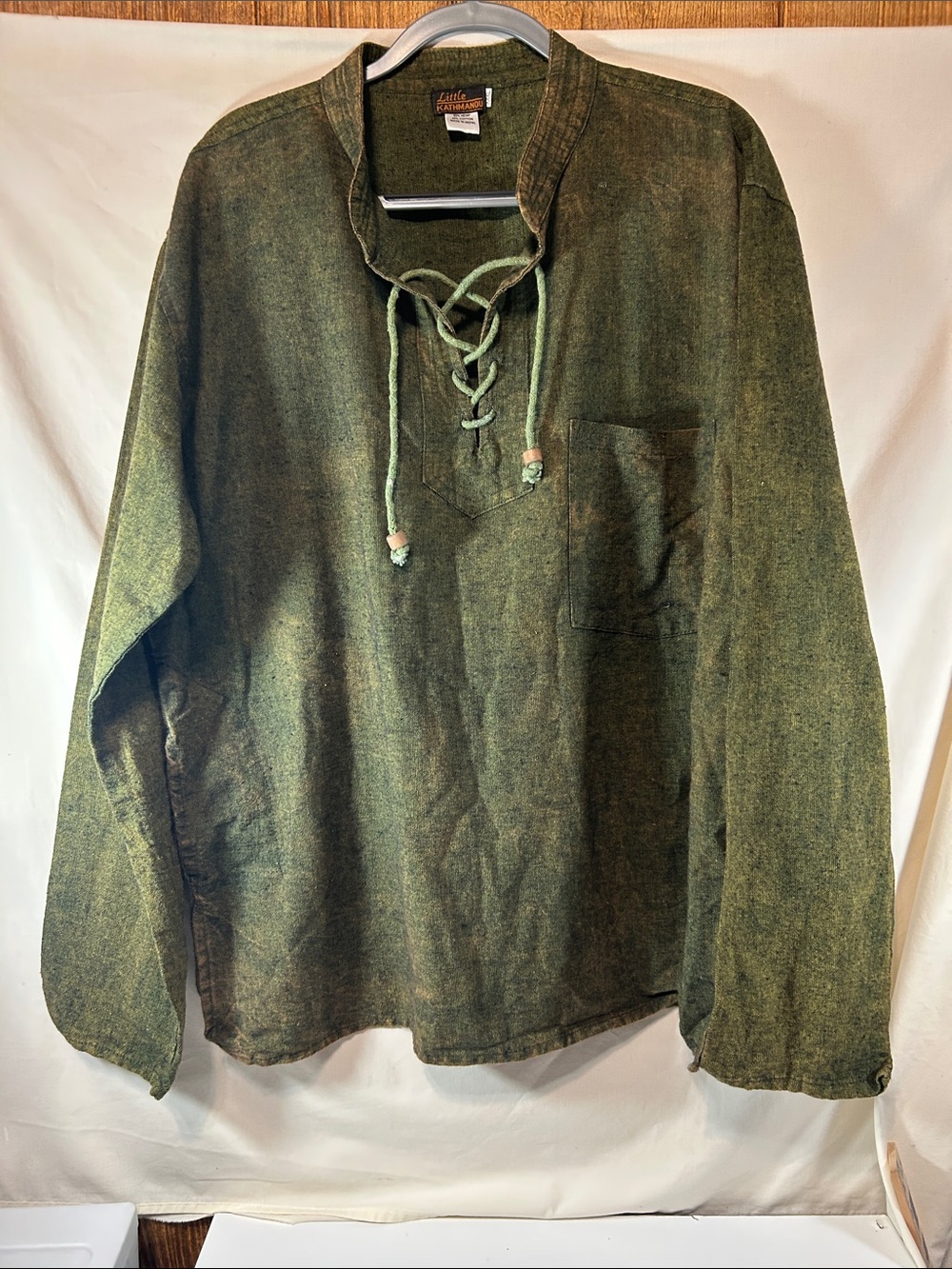 Little Katmandu Vintage-Inspired Olive Green Lace-Up Men's Shirt